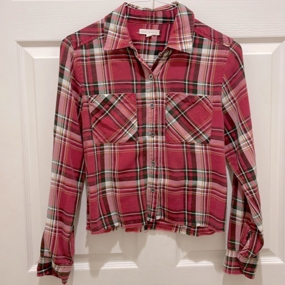 L.A. Hearts Pink Plaid Raw Hem Button Down Long Sleeve Top
